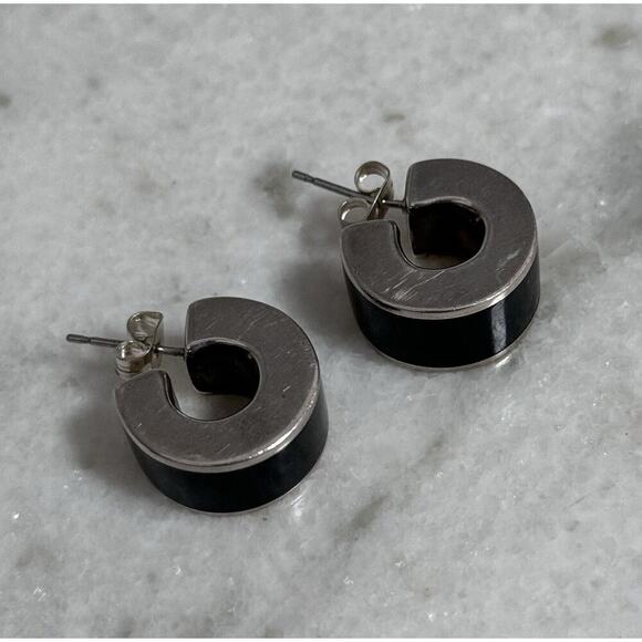 Vintage Sterling Silver Black Onyx Inlay Chunky Small Hoop Earrings - Picture 7 of 7